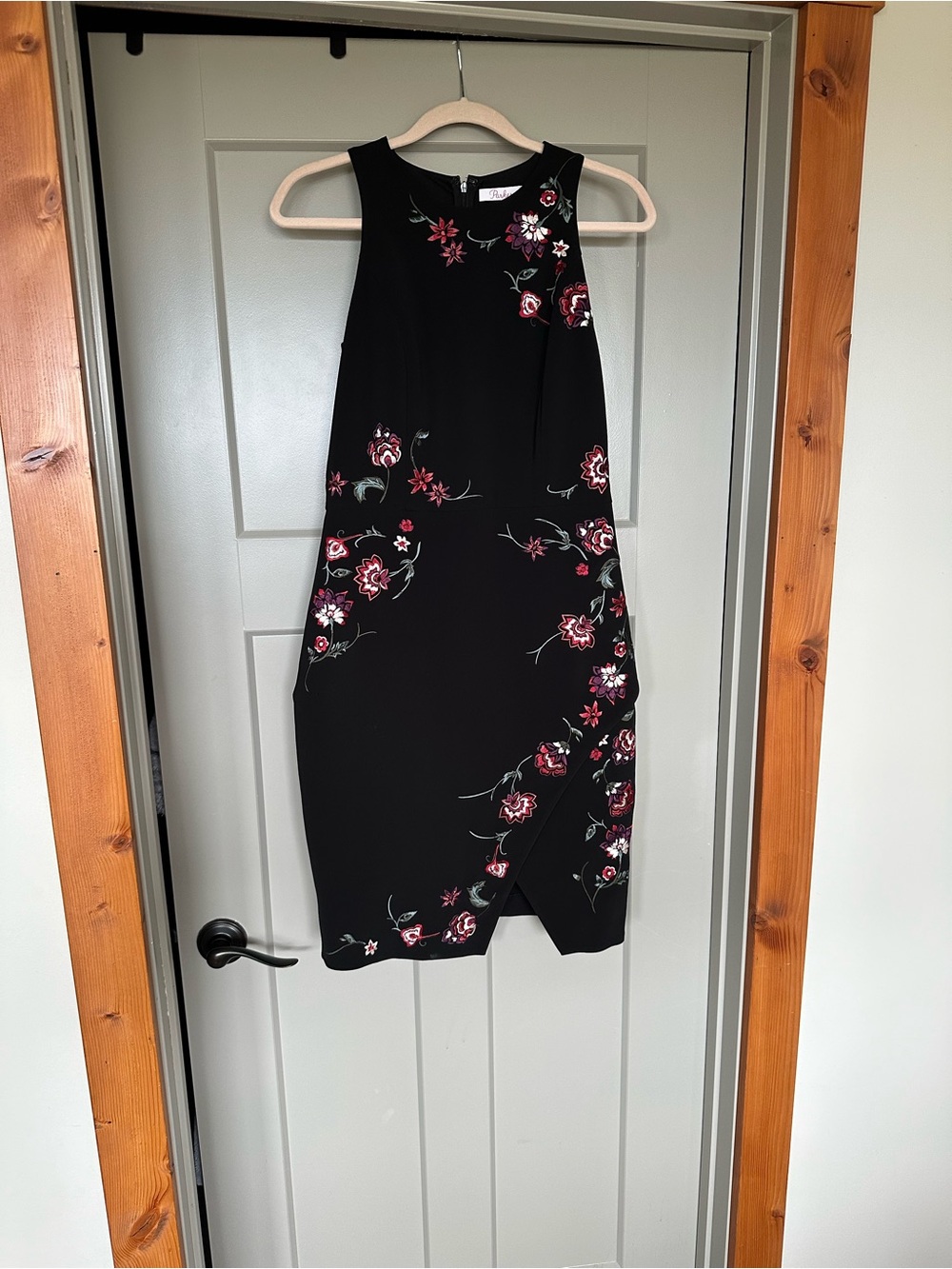 Parker Black Midi Dress with Pink Floral Embroidery